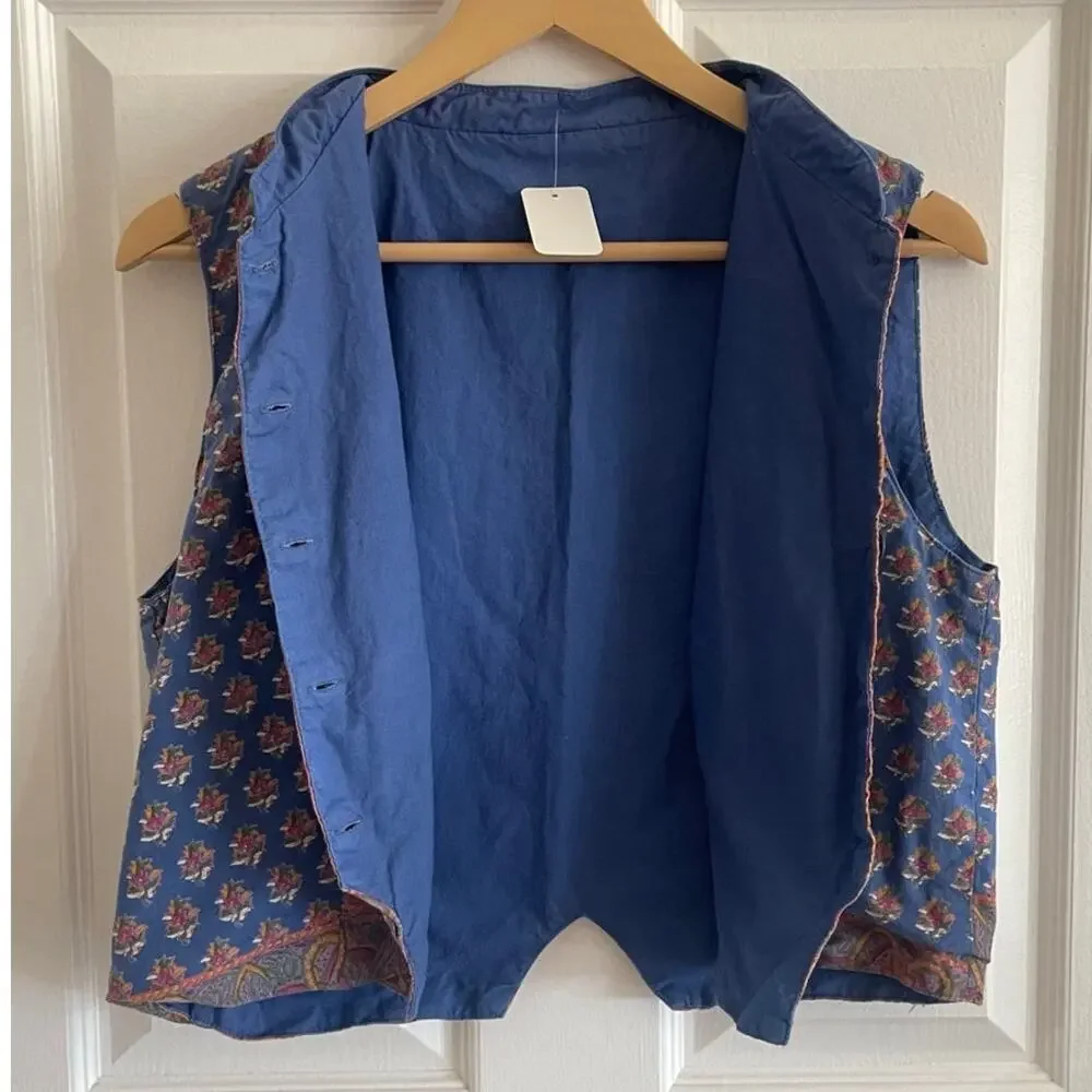 Handcrafted Quilted Cotton Vest Floral Artisan Print S/M - Picture 5 of 6